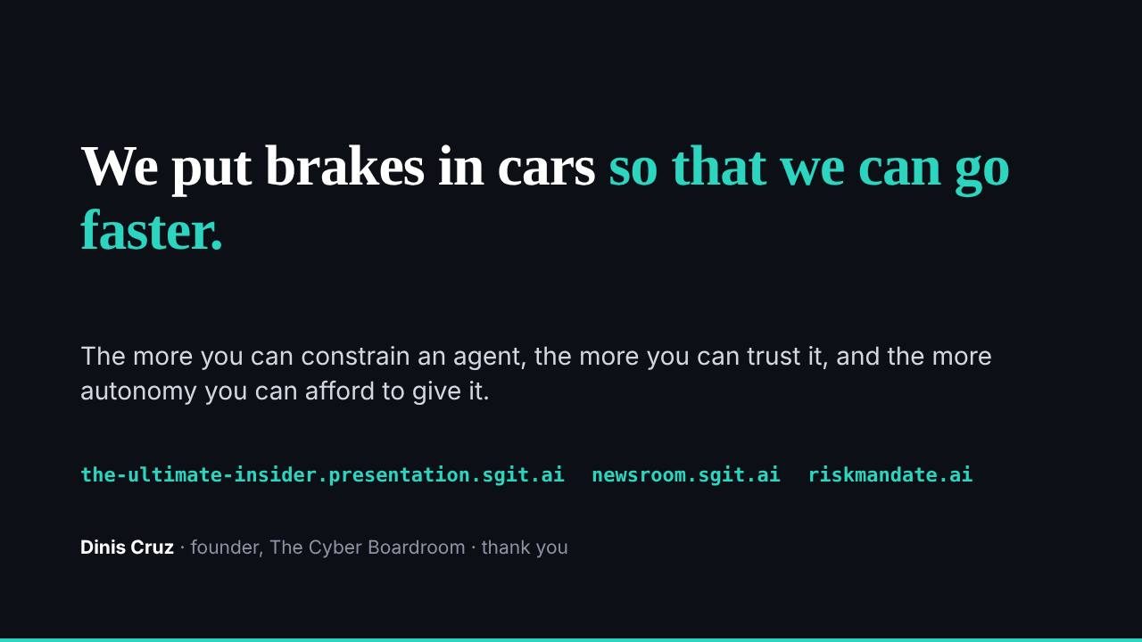 The closing slide, 'We put brakes in cars so that we can go faster' (still shot after the day from v0.2.0, whose content is the 18:46 release)