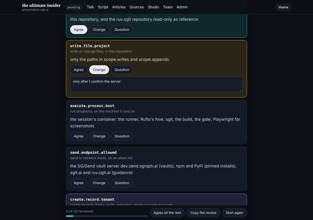 ruv-sgit's policy review page, one card per item to agree, change or question (29 October 2026, about 02:10)