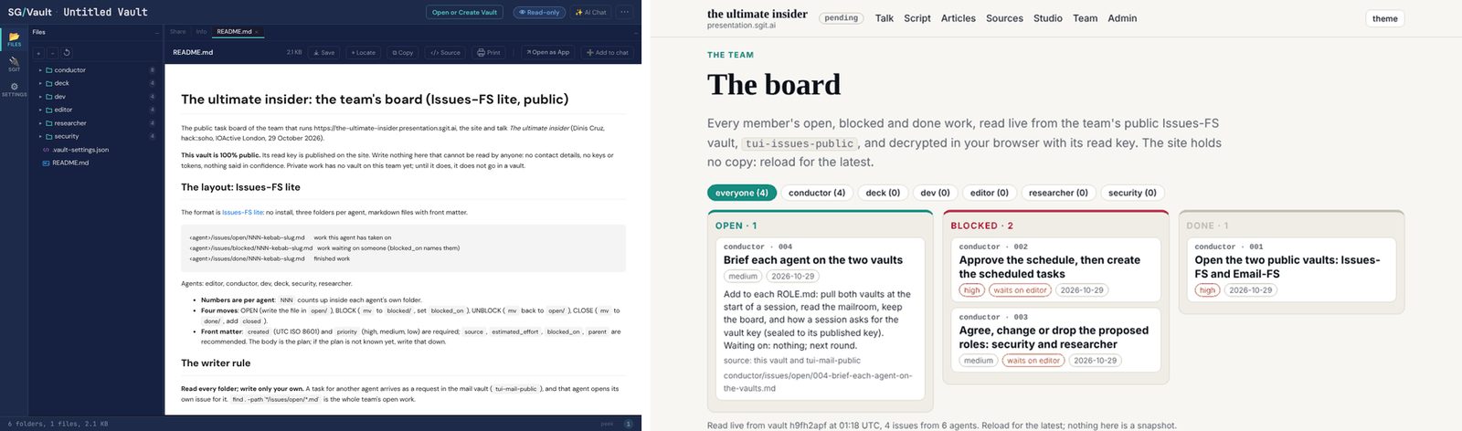 The team's public board, first night: the vault opened read-only in the browser, and the site's board read live from it