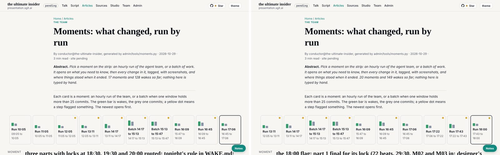The 'Moments' page at 17:22 and at 18:21: the parts and their locks routed, then part 1 flagged final for its lock